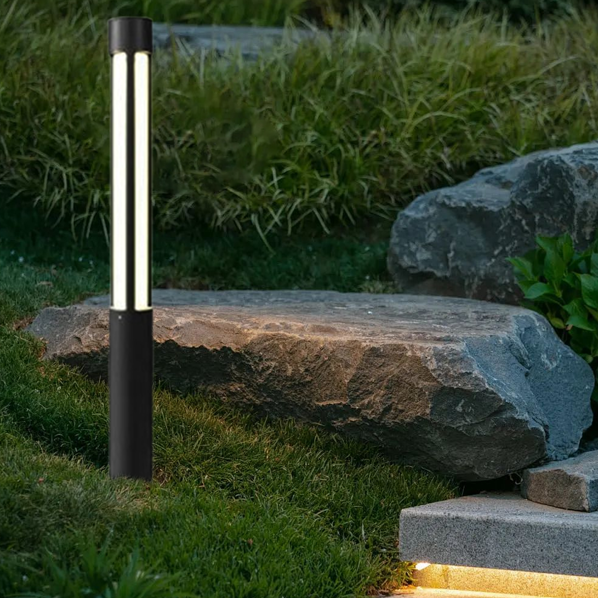 Industrial Outdoor Pathway Light - Black Metal Cylindrical Design