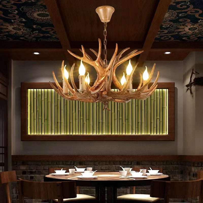 Affordable Vintage Rustic Resin Antler Candelabra Chandelier for Living Room / Restaurant / Cafe / Bar-Emopurevibe-1Layer: 6 Lights D25.6"*H15.7"-Brown-Warm Light-Emopurevibe