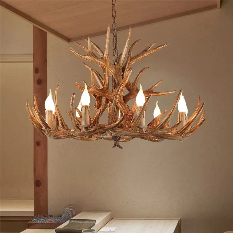 Affordable Vintage Rustic Resin Antler Candelabra Chandelier for Living Room / Restaurant / Cafe / Bar-Emopurevibe-1Layer: 6 Lights D25.6"*H15.7"-Brown-Warm Light-Emopurevibe