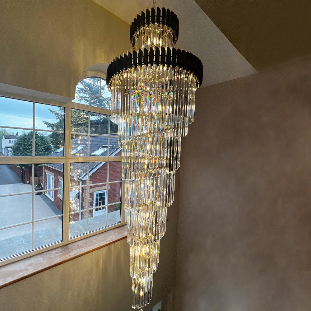 Classic Large Multi-layered Spiral Crystal Chandelier for Foyer/ Staircase-Chandeliers-Emopurevibe-D17.7"*H59.1"/12 Lights/16 kg-Black-Warm Light-Emopurevibe