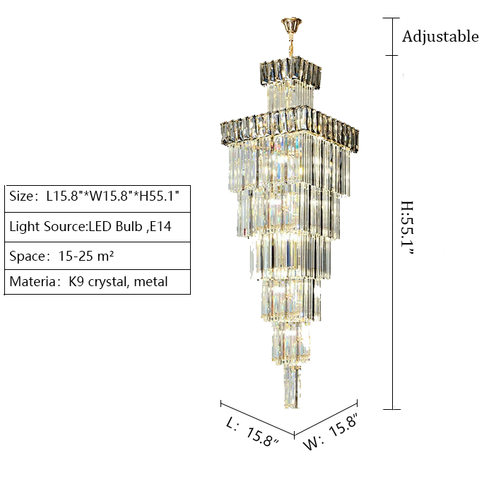 Decorative Large Vertical Crystal Staircase Chandelier Foyer Ceiling Light Fixture Lamp In Gray/ Amber Brim-Chandeliers-Emopurevibe-L15.8"*W15.8"*H55.1"-Smoky Gray-Warm Light-Emopurevibe