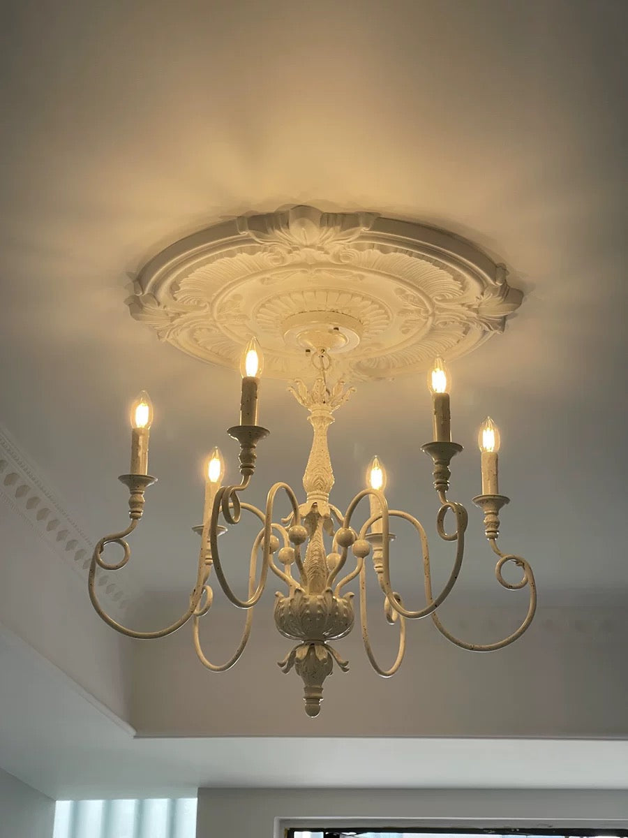 French Village Country Style White Rustic Iron Art Chandelier 6 Lights for Living Room Ceiling Light Budget