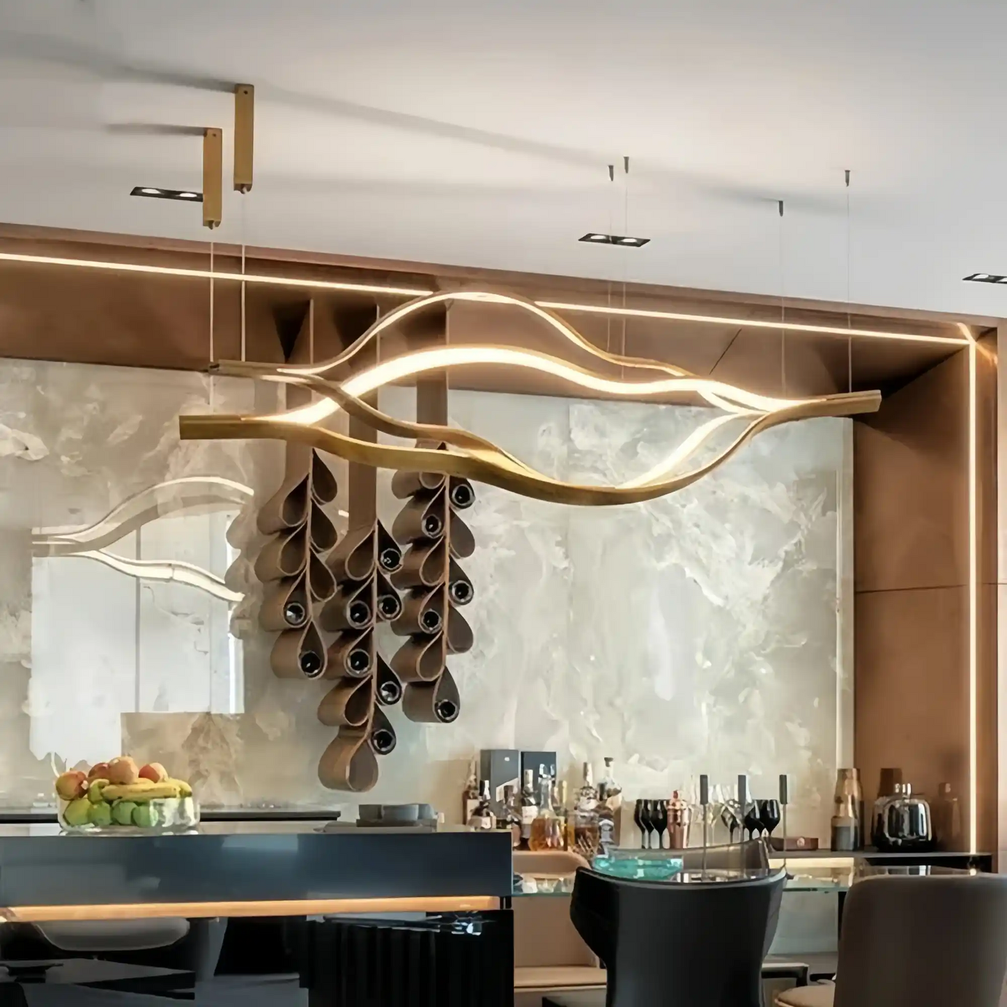 Modern Simple Brass Waving Chandelier for Living/Dining Room/Kitchen Island-Chandeliers-Emopurevibe-L31.5"*W2.2"*H11.8"-Wood-Warm Light-Emopurevibe