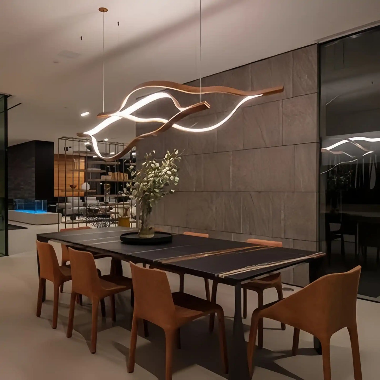 Modern Simple Brass Waving Chandelier for Living/Dining Room/Kitchen Island-Chandeliers-Emopurevibe-2 crossed pendant: L39.4"+L47.2"/17kg-Wood-Warm Light-Emopurevibe