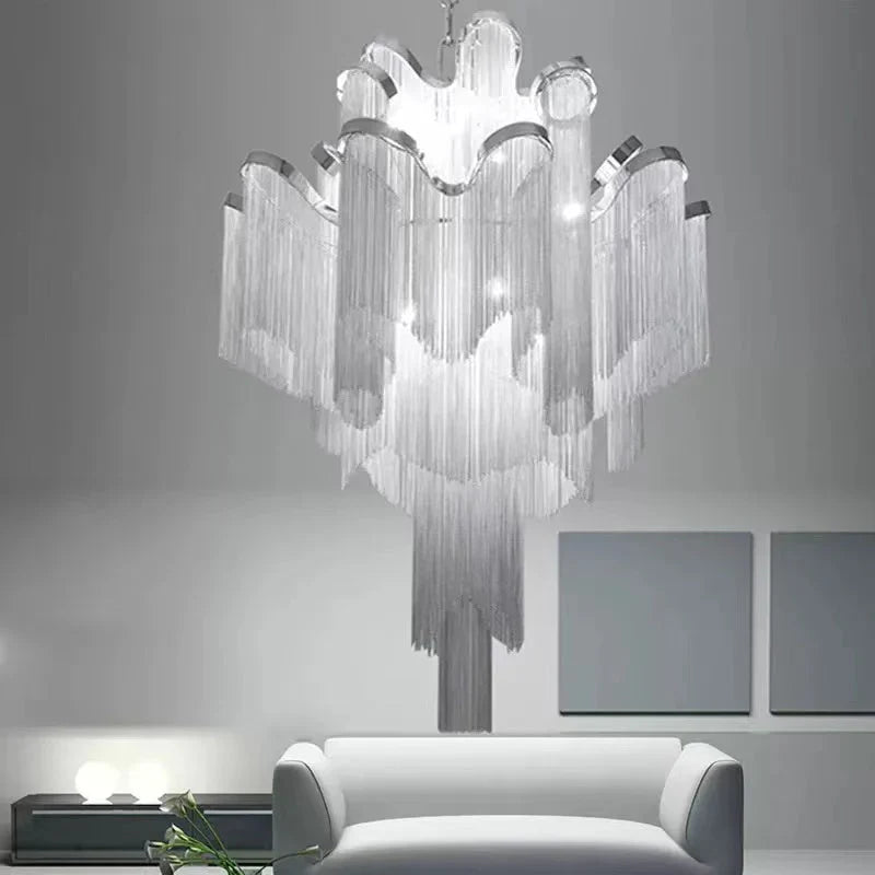 Post-Modern Extra Large Stainless Steel Long Tassel Chandelier for Large Living Room / Staircase / Villa / Duplexes-Emopurevibe-D39.4"*H39.4"-Silver-Warm Light-Emopurevibe