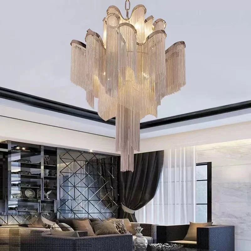 Post-Modern Extra Large Stainless Steel Long Tassel Chandelier for Large Living Room / Staircase / Villa / Duplexes-Emopurevibe-D39.4"*H39.4"-Silver-Warm Light-Emopurevibe